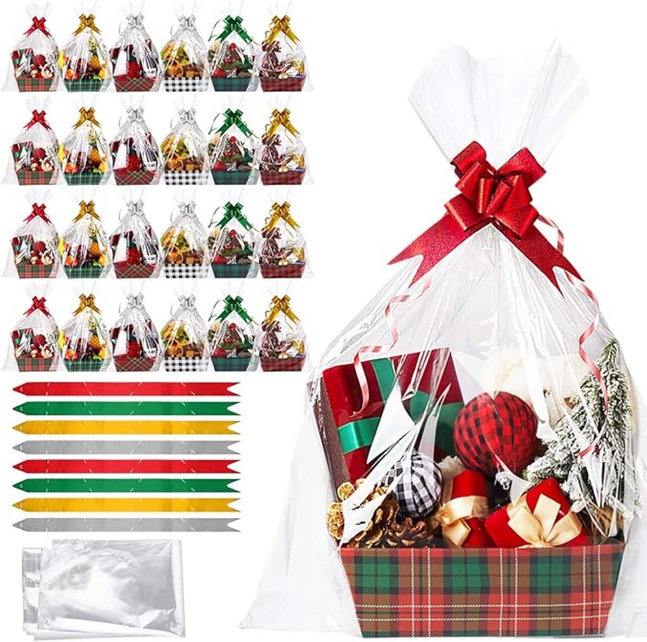 Gift Basket Kit with Basket Bags and Pull Bows DIY Basket Gift Set for Christmas Birthday Build Your Own Gift Basket (Buffalo Plaid)